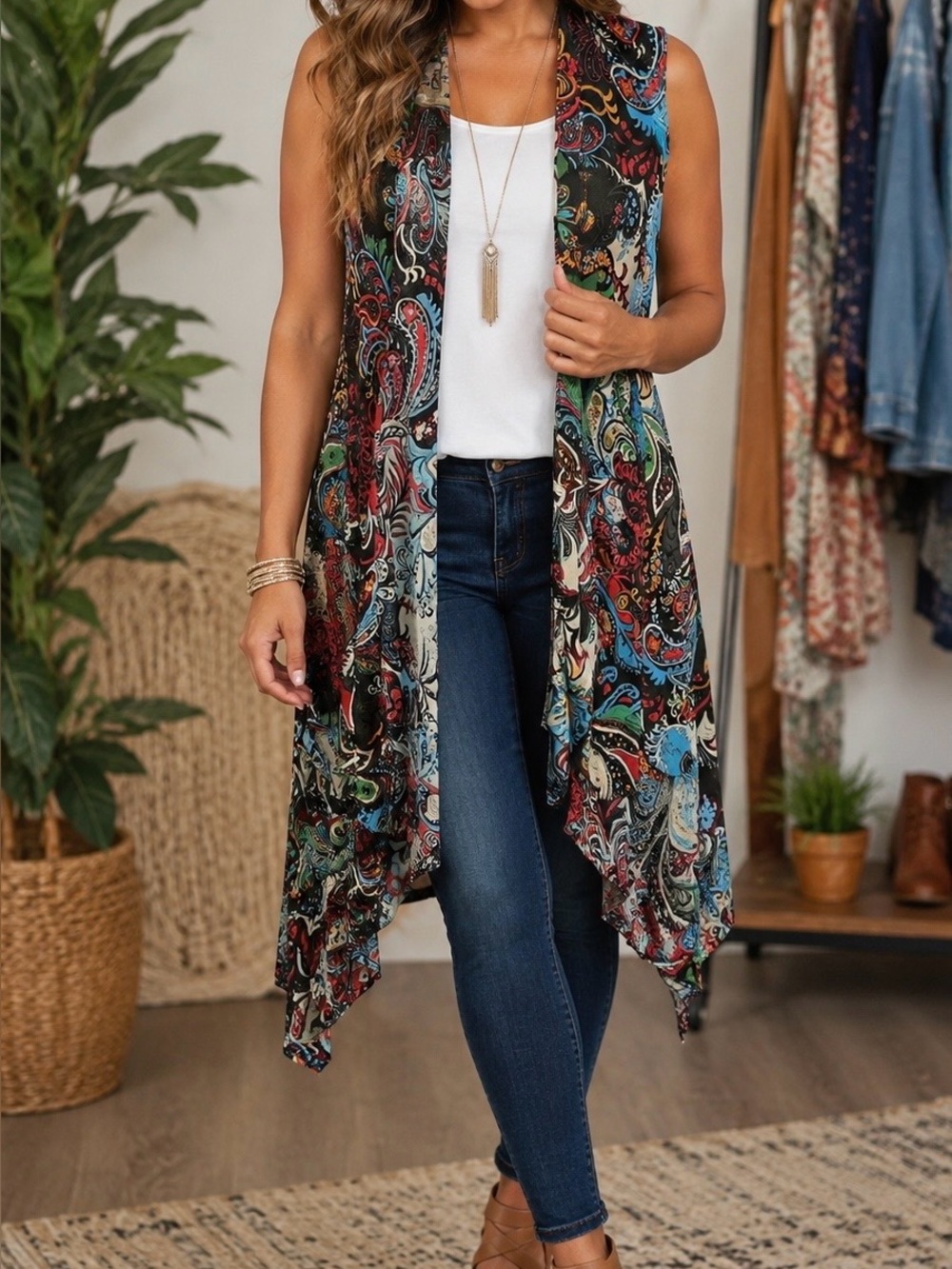Multicolor Paisley Sleeveless Duster Vest - Women's Lightweight Layer